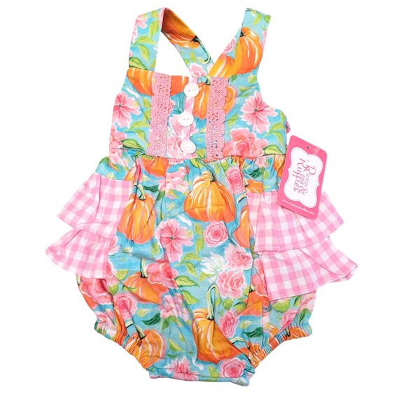Ricrac & Ruffles Baby Girl Pumpkin Floral Bubble Romper Size 3-6M Thanksgiving - Picture 2 of 13